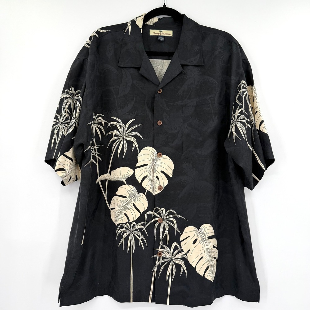 Tommy Bahama Vintage Mens Large 100% Silk Black Tropical Print Camp Shirt